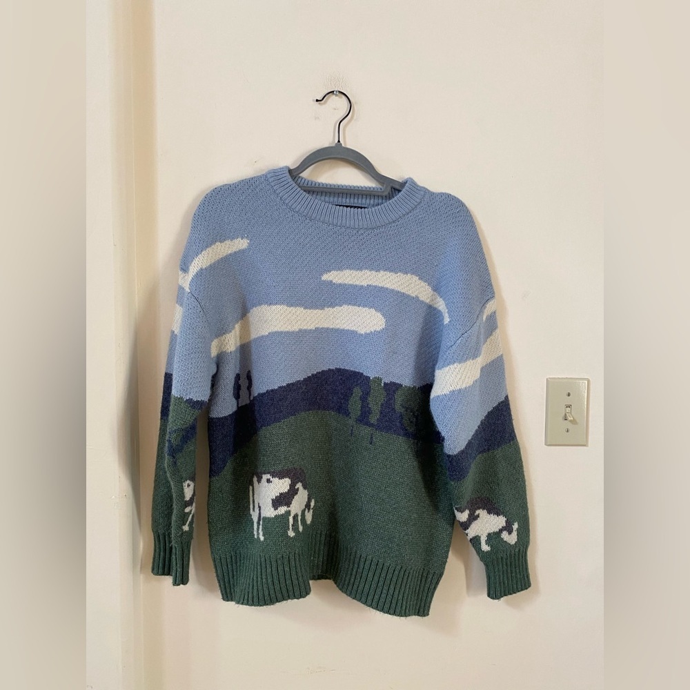 VAMTAC Landscape Knit Sweater Cow Scene Blue Green Size Small